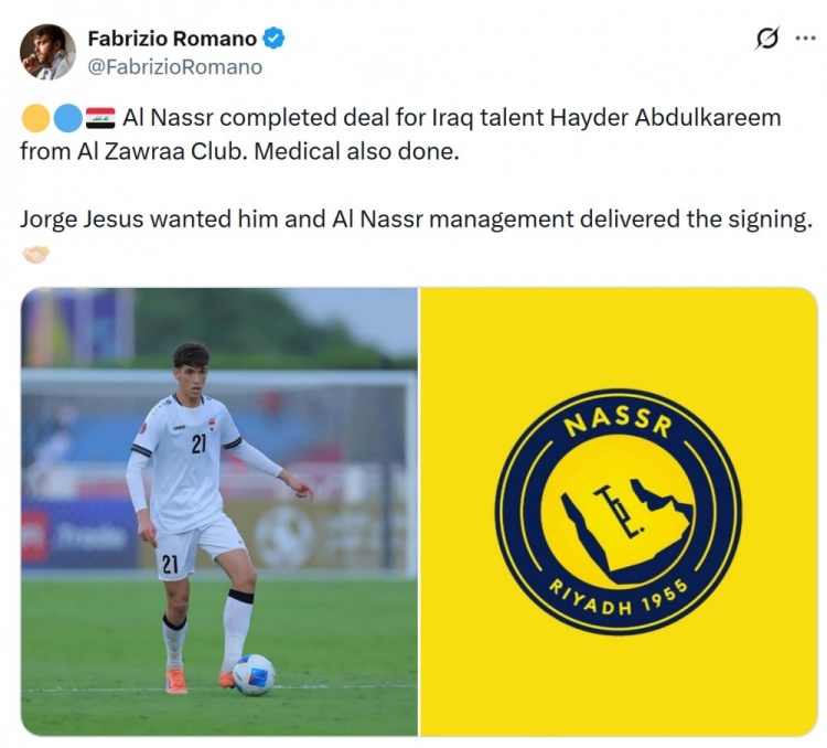 罗马诺：利雅得胜利将签下伊拉克中场海德尔·阿卜杜勒卡里姆